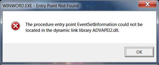 Winword.exe entry point not found