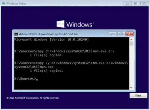 reset windows 10 password command prompt without disk