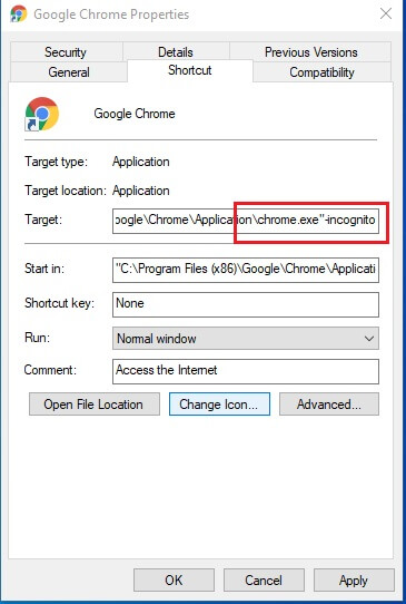 Chrome shortcut incognito setup