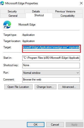 Edge shortcut properties Inprivate setup