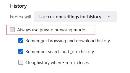 Firefox always Private browsing menu