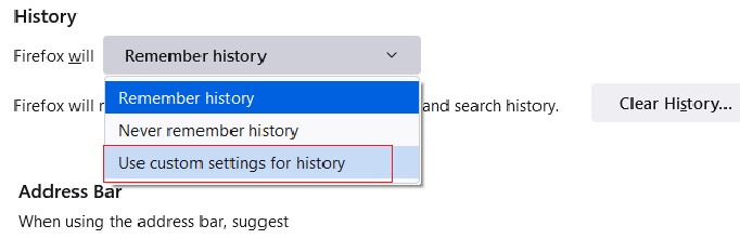 Firefox history custom setting menu