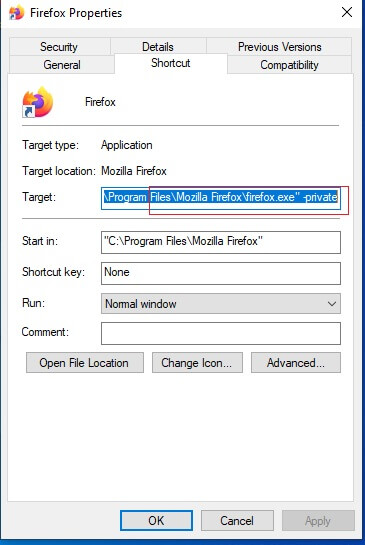 Firefox shortcut private setup