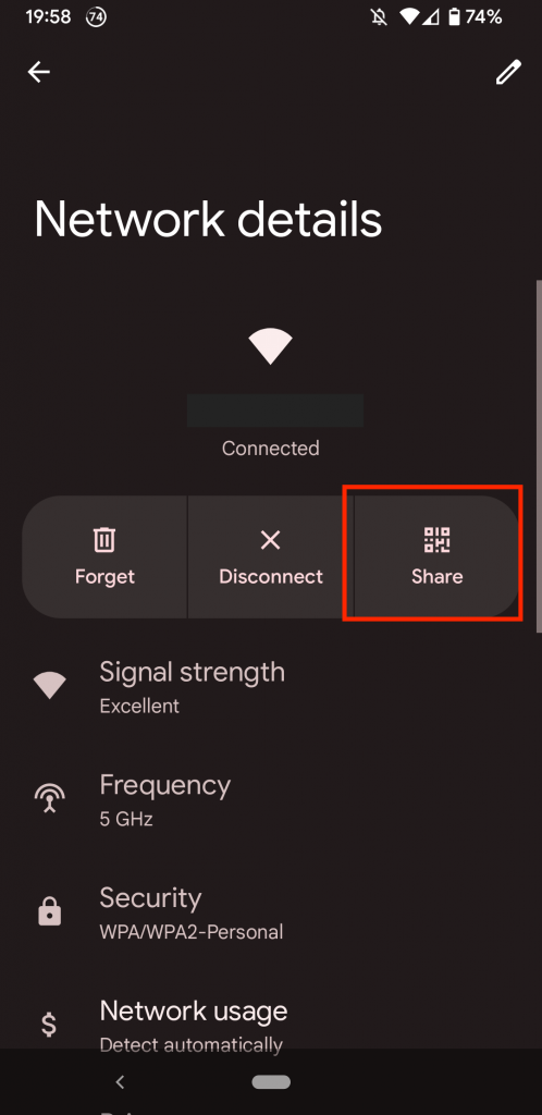 android 12 wifi password - Share button